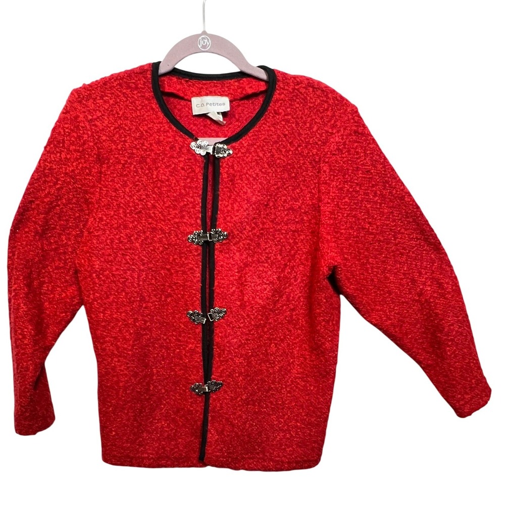 C.D. Petites Red Boucle Cardigan Sweater Large Silver Toggle Clasps‎ Vintage